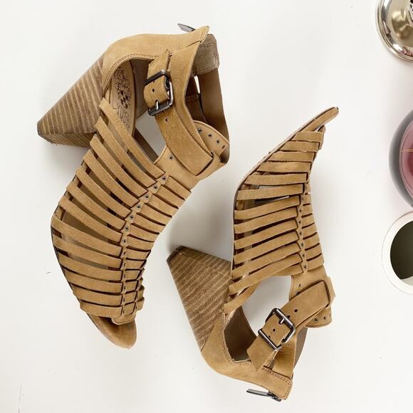 Vince Camuto Taupe Leather Gladiator Sandals 8.5M | Strappy Boho Chic Heels - Picture 10 of 16